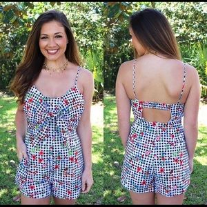 Black and white checkered floral romper